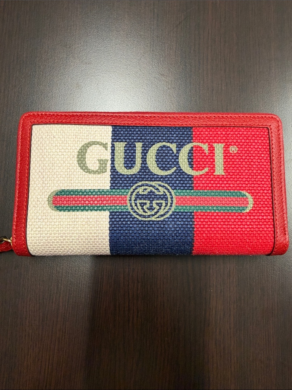 Gucci Tricolor Red Navy White Canvas Zip Wallet with Signature Stripe